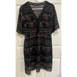 Doe & Rae Women’s Black w/Red Flowers Lace Dress Sz S Knee Length Gothic Witchy